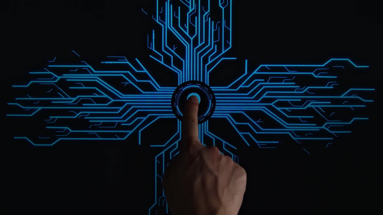 Top View, Human Finger Pushes Touch Digital The Light Bulb With Futuristic Artificial Intelligence Spreading Through Internet. Visualization Of Machine Learning, Computer Technology, Neural Network