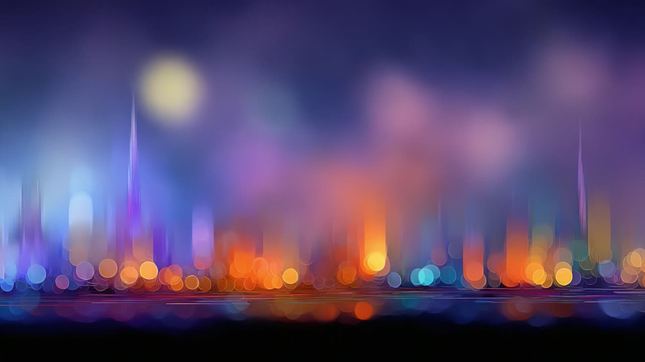 Luzes Noturnas Vibrantes: Uma Exibição Deslumbrante de Luzes Coloridas Refletindo na Água, Apresentando um Horizonte Urbano Deslumbrante ao Crepúsculo em Desfoques Oníricos