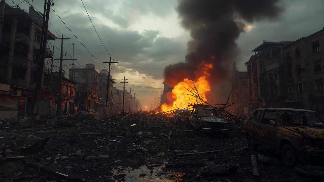 Erupting orange flame postblast sending black smoke into sky over urban street, with burning rubble