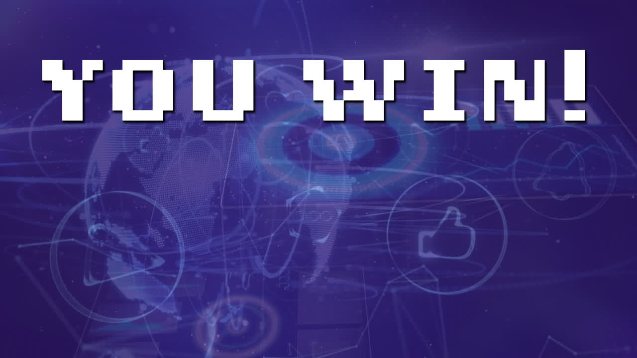 데이터 처리의 애니메이션과 당신은 파란색 배경에 텍스트를 승리