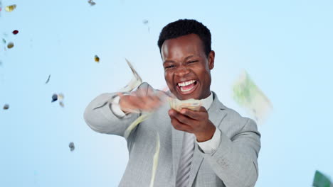 Money-rain,-success-or-happy-black-man-in-studio