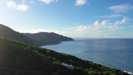 A handful of elite vacation homes lie nestled in tropical foliage near the Caribbean shoreline in St. Croix, USVI, captured from above in bright midday light and clear blue skies