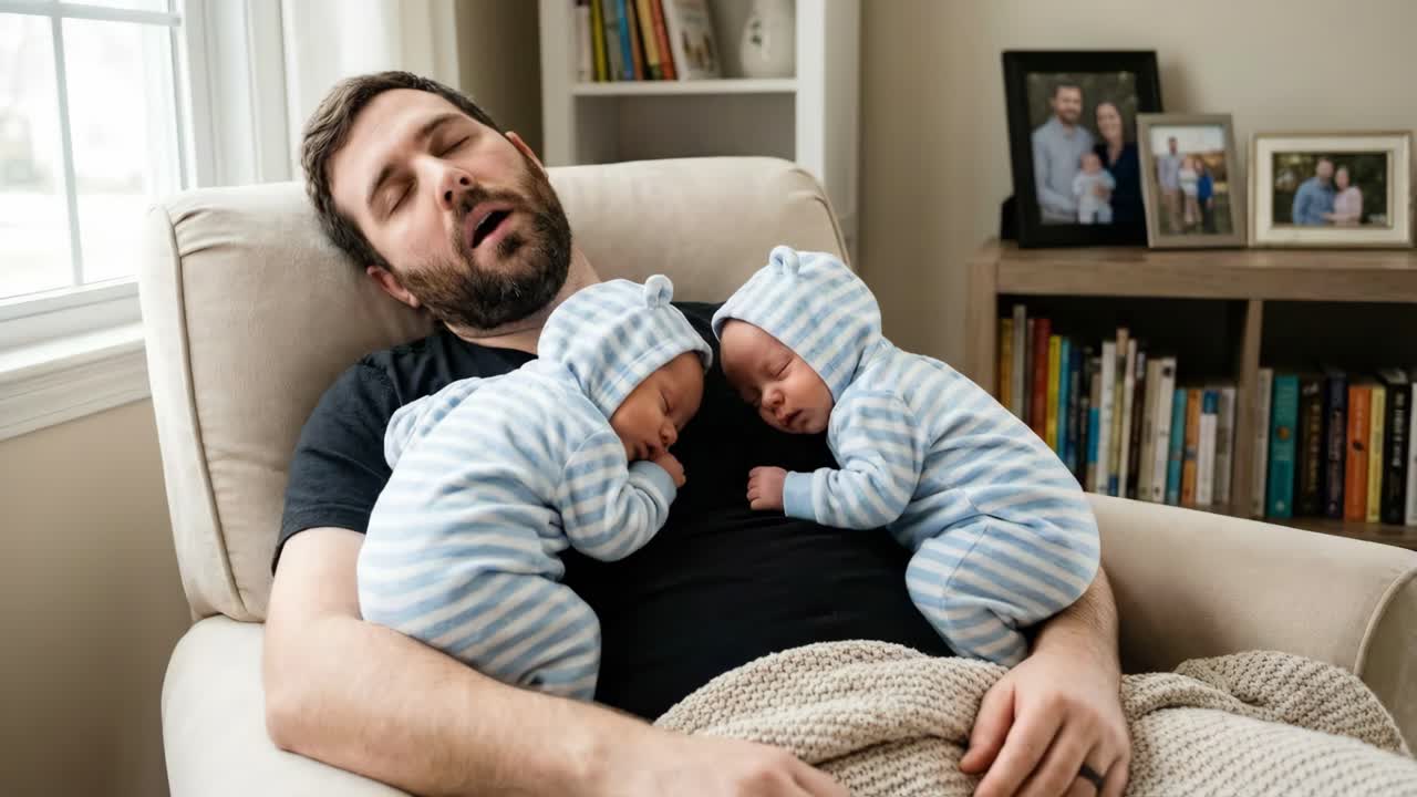 Far som sover med nyfødte tvillinger