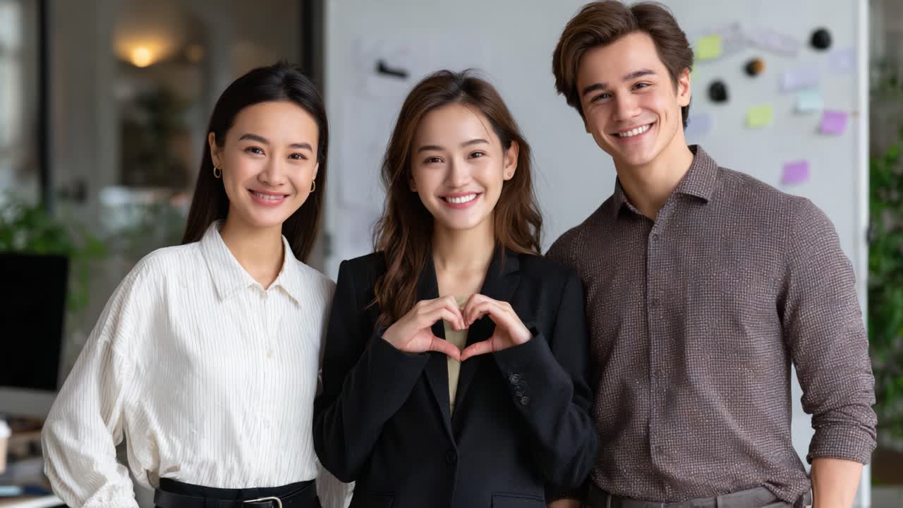 Three Young Professionals Smiling Together in an Office Setting, Forming a Heart Gesture with Their Hands to Highlight Team Spirit and Collaboration