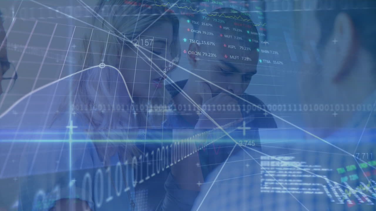animación del procesamiento de datos financieros y el mercado de valores sobre diversas personas de negocios en la oficina