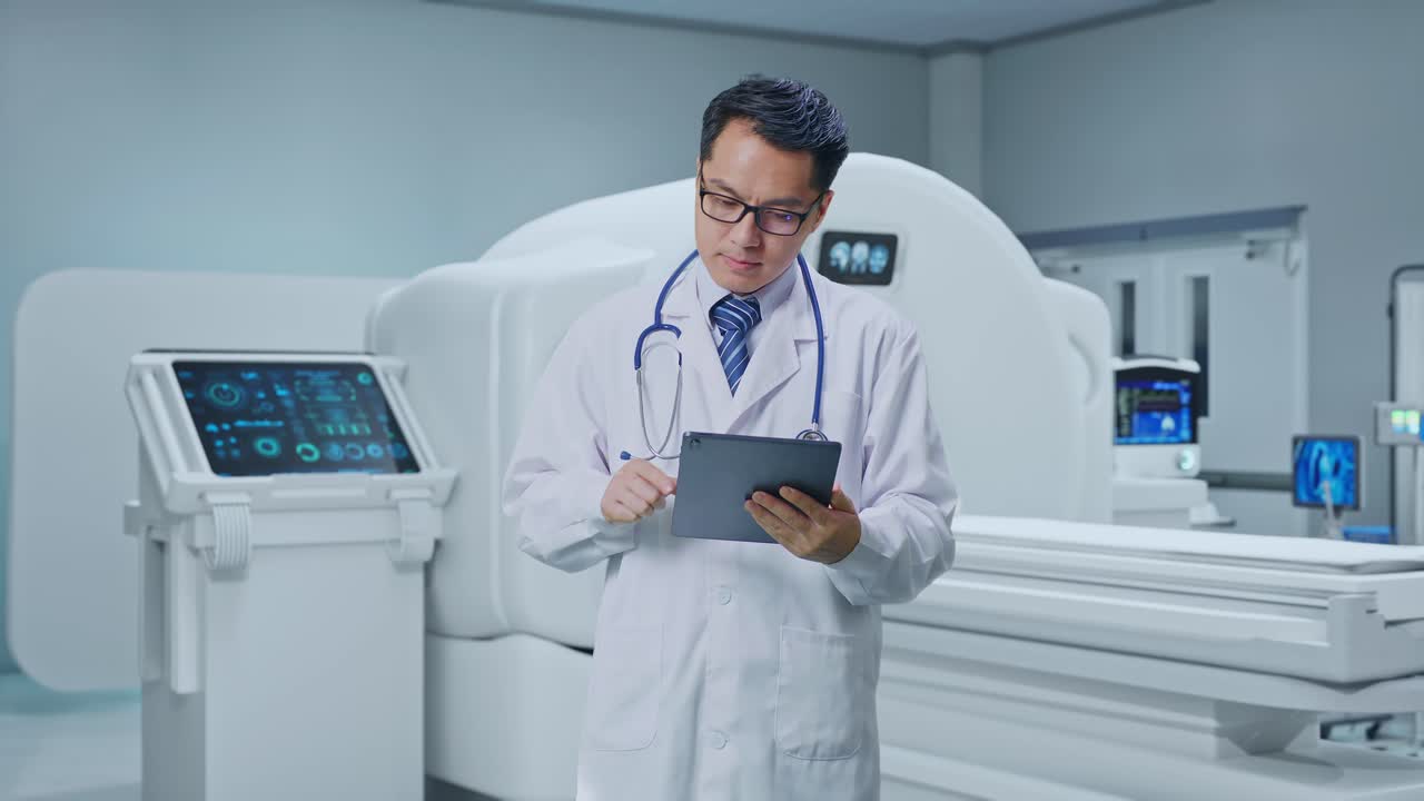 Asian Male Doctor Using A Tablet While Standing With MRI Machine In The Hospital