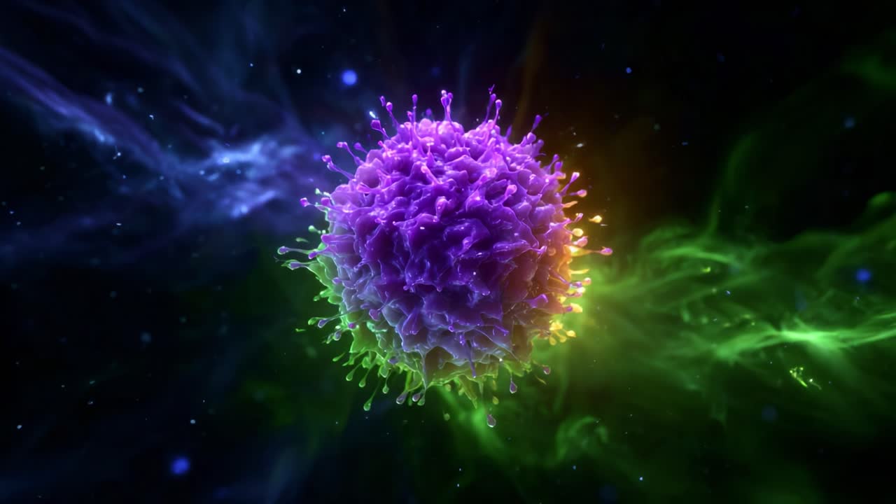 Nærbilde av en levende celle i en abstrakt vitenskapelig visualisering, som fremhever dens fargerike struktur mot en mørk kosmisk bakgrunn