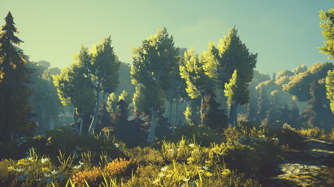 만화의  ⁇ 빛이 나무들을 가로질러 흐르고 있습니다.