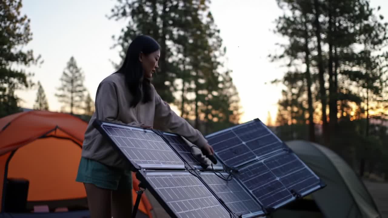 En kvinde sætter transportable solpaneler op på en campingplads og udnytter vedvarende energi til camping i smukke naturomgivelser