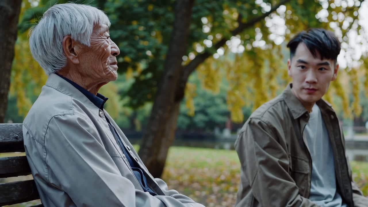 Older man and younger man sitting in a park