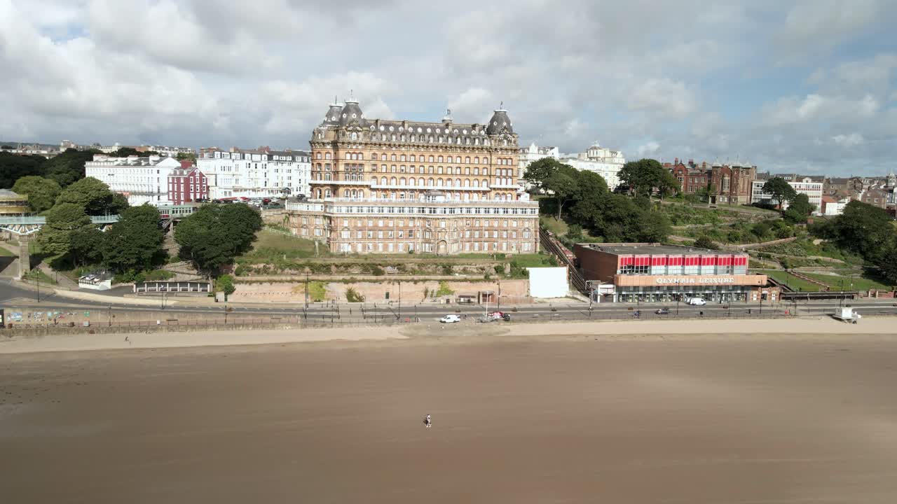 Aerial bird's eye view of Scarborough Grand Hotel and arcades
