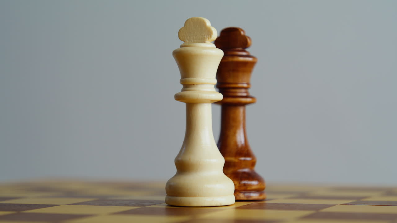 Two royal chess pieces placed on board closeup. Dark light game kings standing