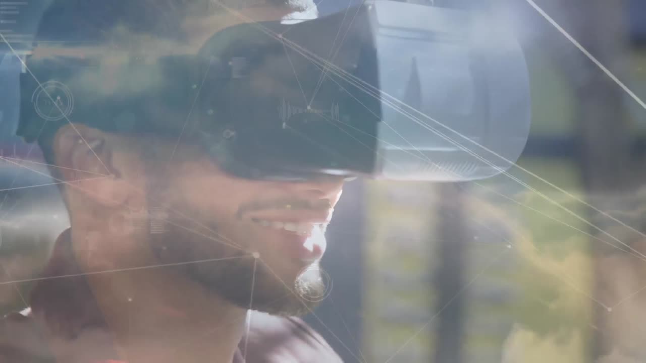 Animation of network of connections over businessman using vr headset