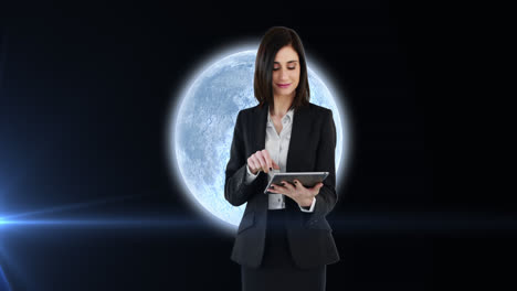animación de una mujer usando una tableta sobre el planeta tierra con un punto de luz brillante