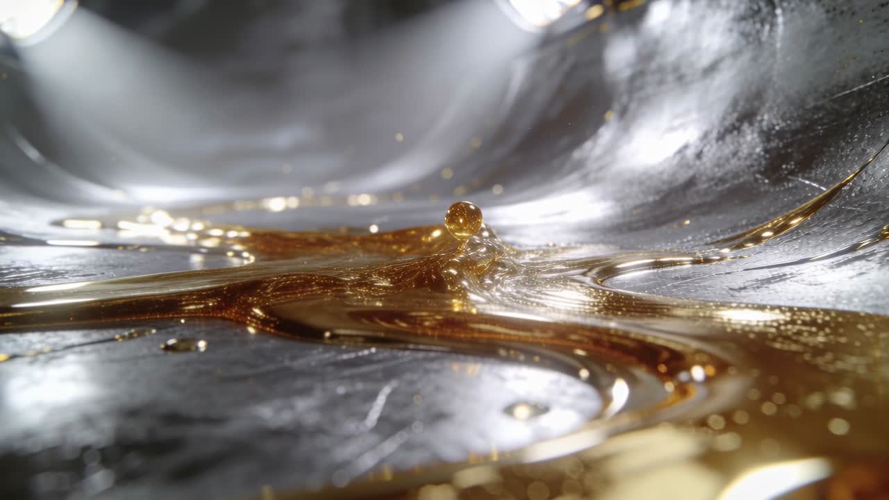 Tiny impact sending golden syrup forming bead, rising, collapsing, spreading in trough under lights
