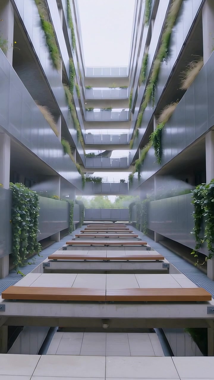 Vídeo vertical: Câmera baixa começando a deslizar no átrio, revelando bancos, plantas e claraboia