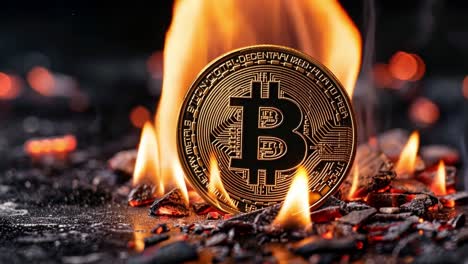 bitcoin coin burning amidst flames and embers