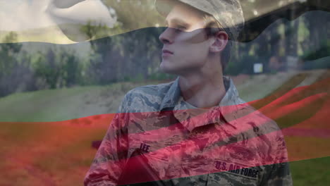 animation of flag of russia over caucasian soldier