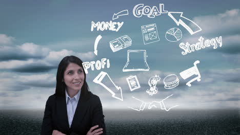 mujer de negocios de contenido viendo el ciclo del plan de negocios holográfico