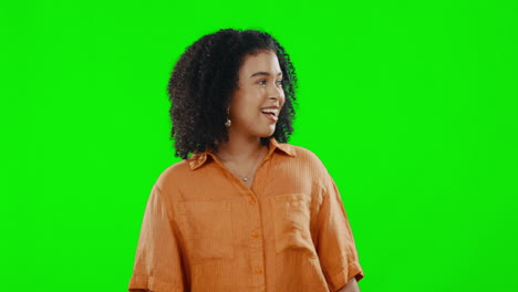 woman, green screen and amazed while looking