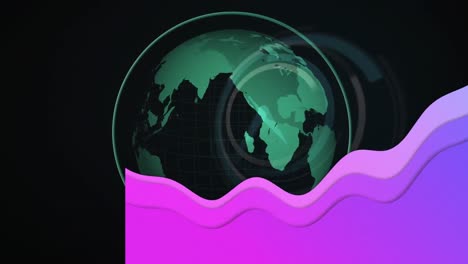Animation-of-rotating-green-globe-over-turning-clock-processing-data,-on-black