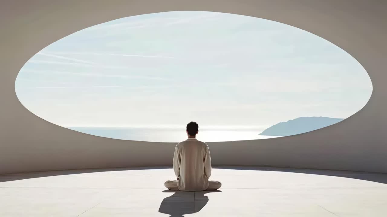 A serene video scene of a person meditating in a minimalist space, viewed from behind at a low