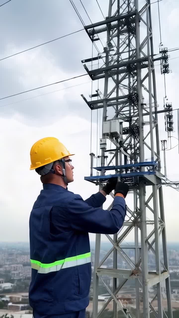 Electrical technician working on a power tower.