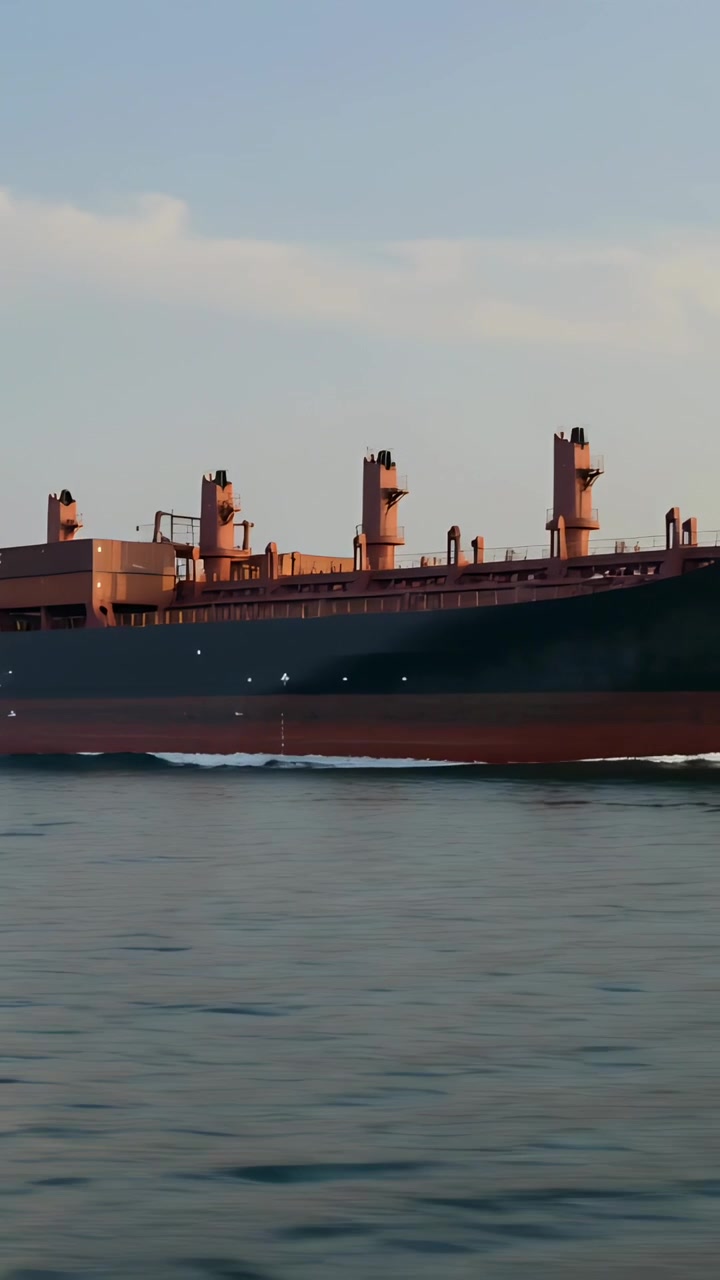 Vertical video: Engine starting, bulk cargo ship moving slowly across calm sea, showing deck cranes