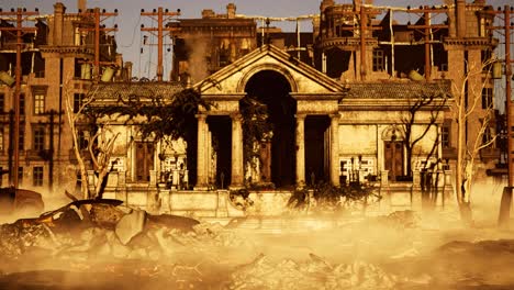 a-dystopian-destroyed-ruined-city-and-monument-on-sunset,-with-debris,-damaged-cars,-smoke-and-fire,-3D-animation,-animated-scene,-camera-zoom-in