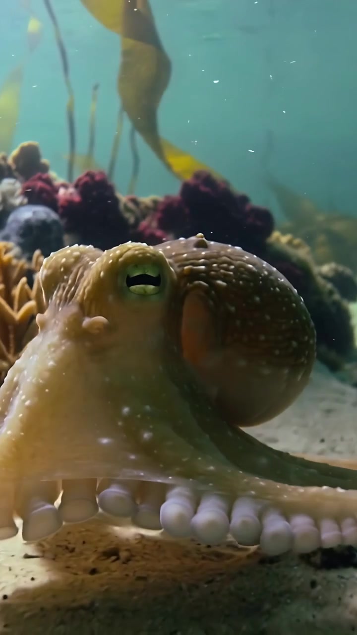 Video verticale: La telecamera si allontana, un polpo si gira e flette i tentacoli sulla sabbia in un acquario, mostrando le ventose.