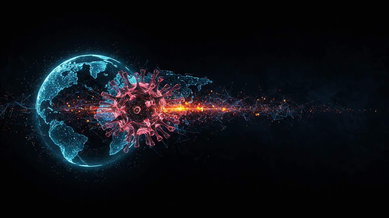 Visual representation of a global pandemic outbreak demonstrating virus travel from one region to another