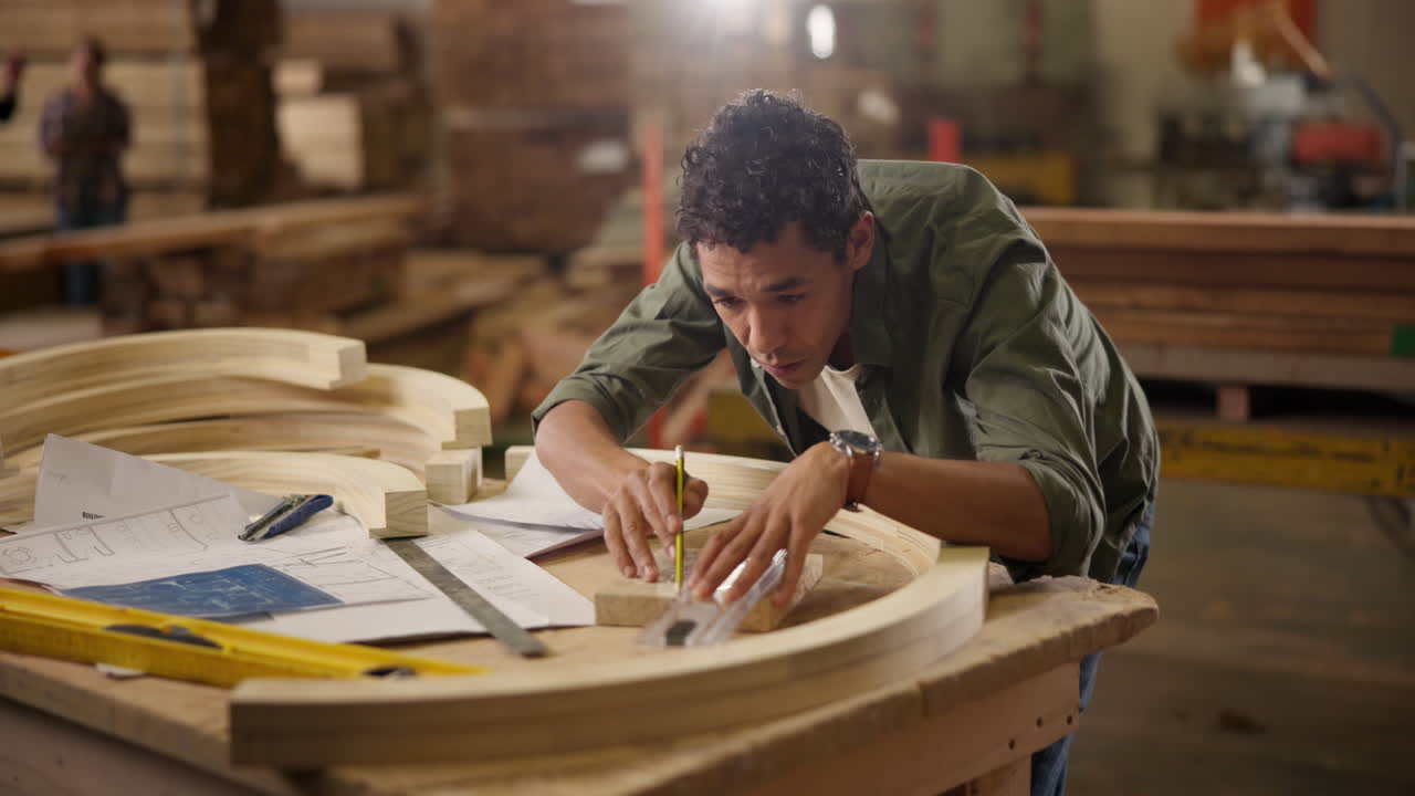 Carpenter working on a wooden project in a workshop