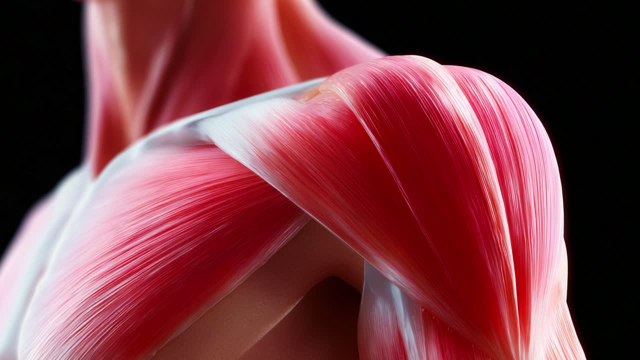 Detailed Muscular Anatomy: A Close-Up View of Human Muscle Structure Showcasing the Intricate Fibers and Texture of a Shoulder Muscle Highlighting Strength and Mobility