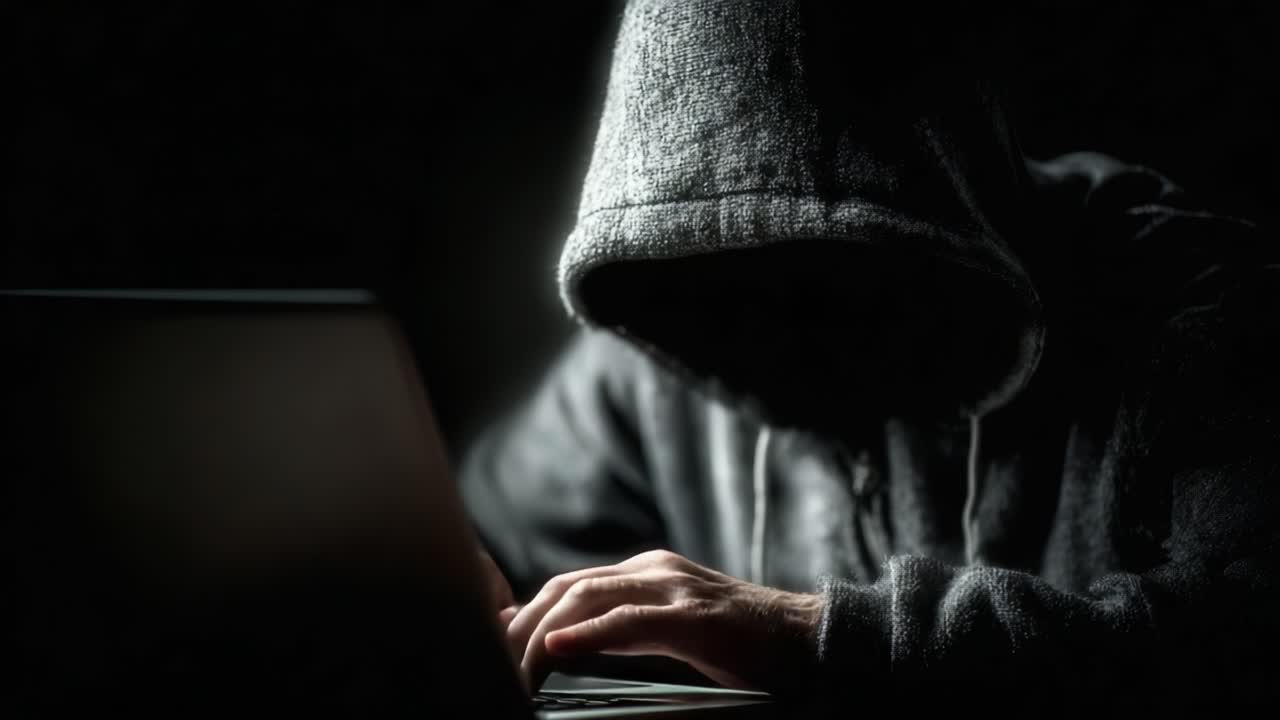 A Mysterious Figure in Dark Apparel Engaged in Deep Concentration at a Laptop, Shrouded in Shadows and Uncertainty, Representing Secrecy and Intrigue in the Digital Age