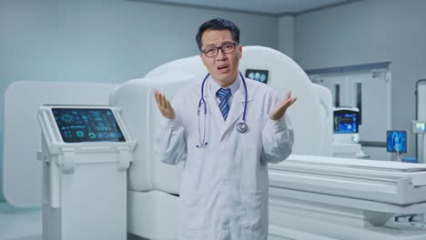 asian male doctor showing puzzled gesture and saying what with mri machine in the hospital