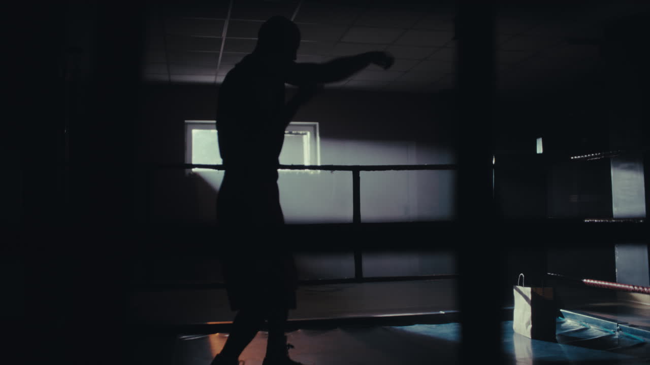 Silhouette of a Boxer Training in the Ring