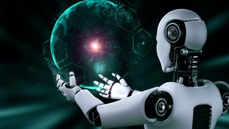 Robot-Hominoide-Ai-Que-Sostiene-Una-Pantalla-De-Holograma-Muestra-El-Concepto-De-Comunicación-Global