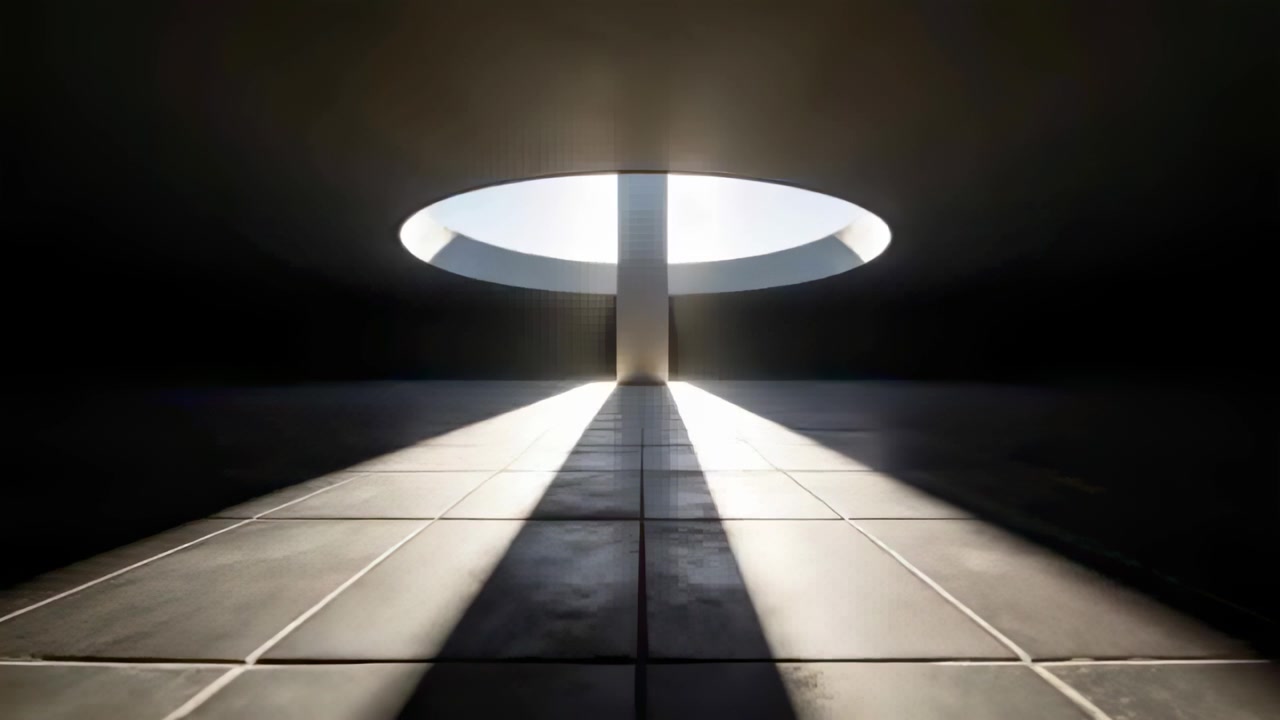 Sun moving via circular skylight, central divider splitting light, beams stretching across tiles
