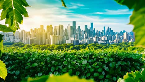 a view of a city skyline from a green field