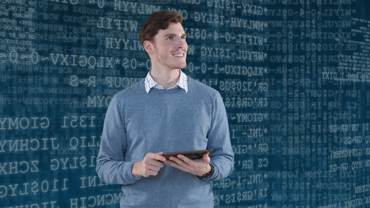 animación de un hombre caucásico usando una tableta interactiva 3d sobre letras flotantes