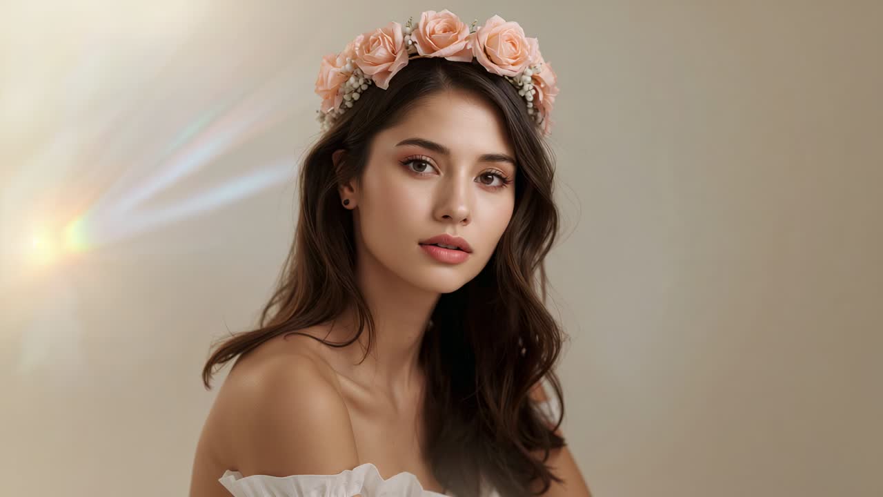 Woman lowering gaze and blinking in studio in off-shoulder blouse with floral crown and prism light