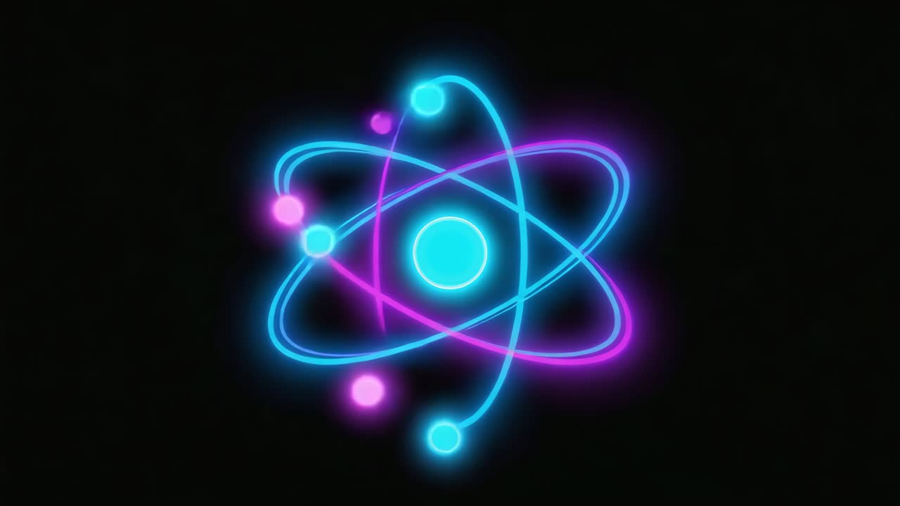 Neon Glowing Atom Model on Black Background