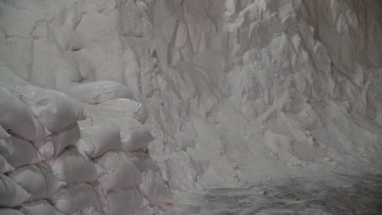 bolsas apiladas de sal marina en un almacén cerca de un montón de sal