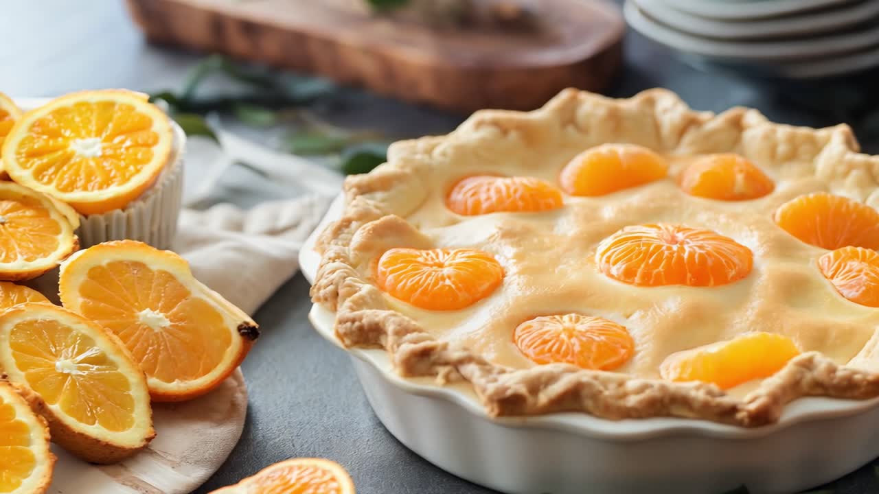 Freshly baked mandarin orange pie resting on gray kitchen table, surrounded by sliced oranges and classic kitchenware, showcasing homemade pastry craftsmanship and culinary artistry