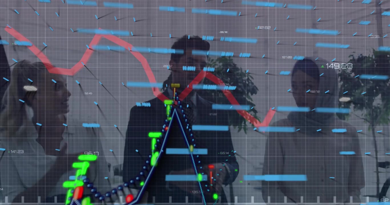 Animation of financial graphs and data over diverse businesspeople