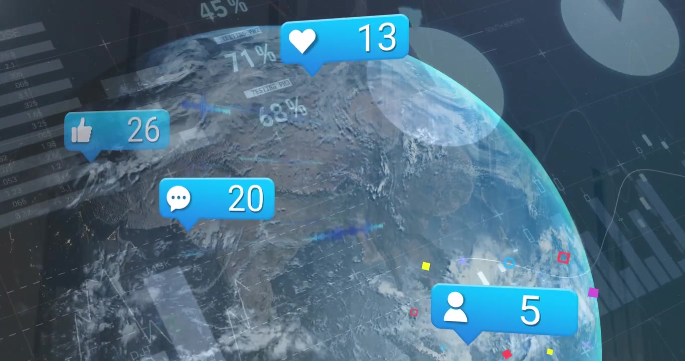 Animação de ícones de redes sociais e processamento de dados estatísticos sobre um globo contra um fundo azul