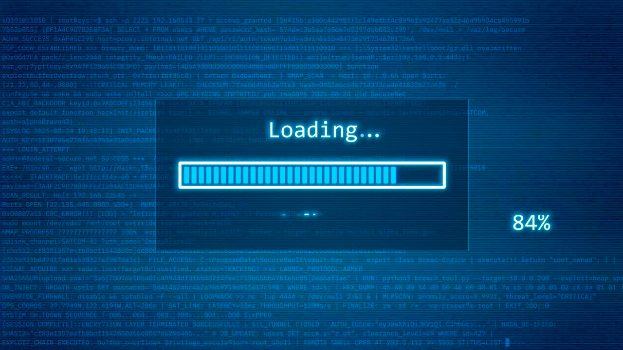 Digital Loading Progress Bar Animation with Code Background, System Processing and Completion Interface Loop