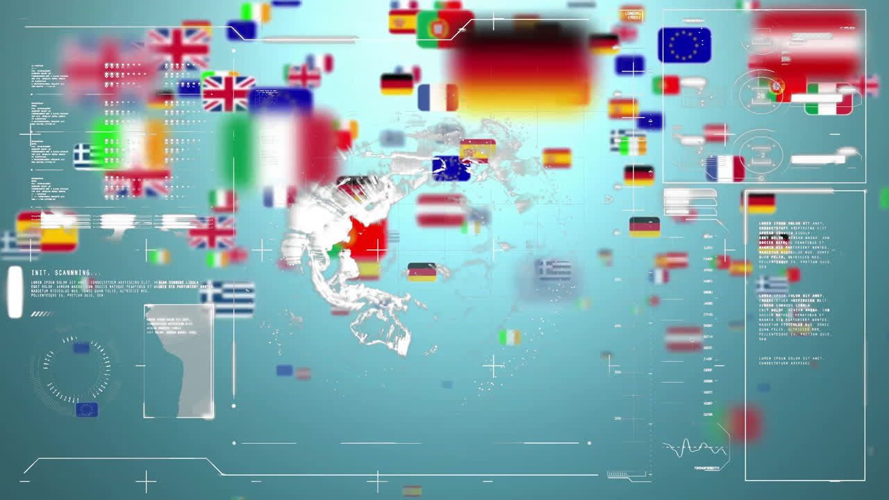Flags of various countries floating over digital world map animation