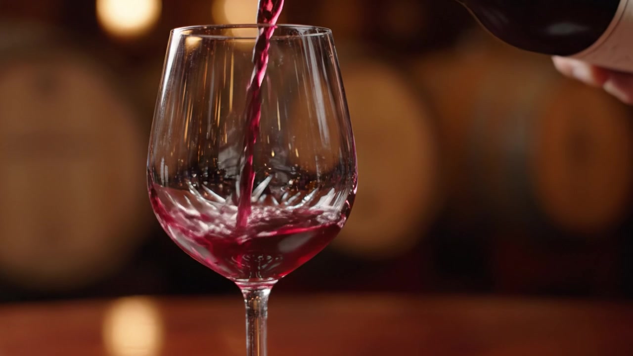 Una trasformazione affascinante: da un bicchiere di cristallo vuoto a un calice di vino pieno che mostra un ricco vino rosso in un ambiente lussuoso.