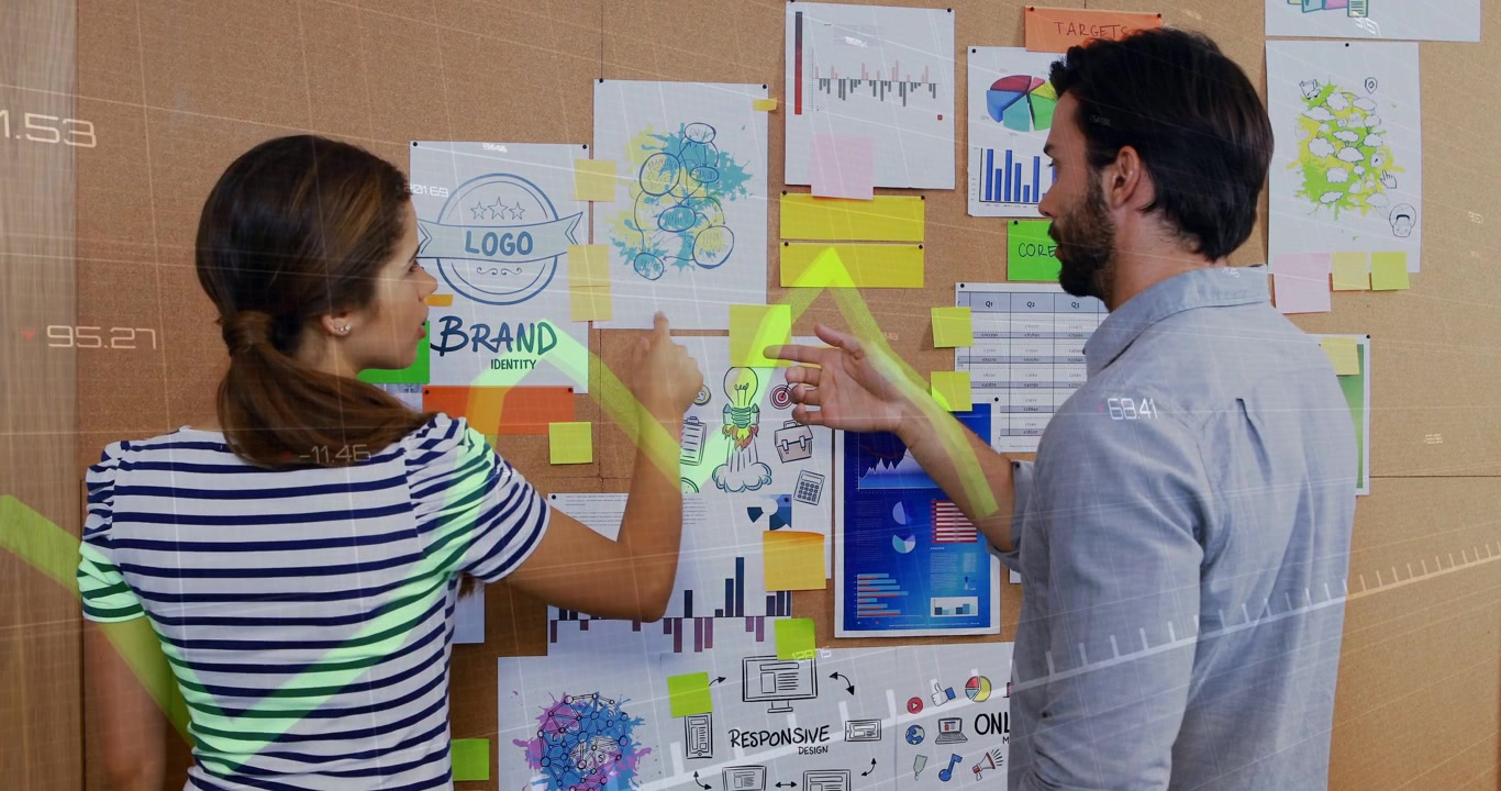 Donna che indica un logo, uomo che sposta appunti sulla lavagna, con un grafico verde che evidenzia i grafici per la pianificazione marketing.